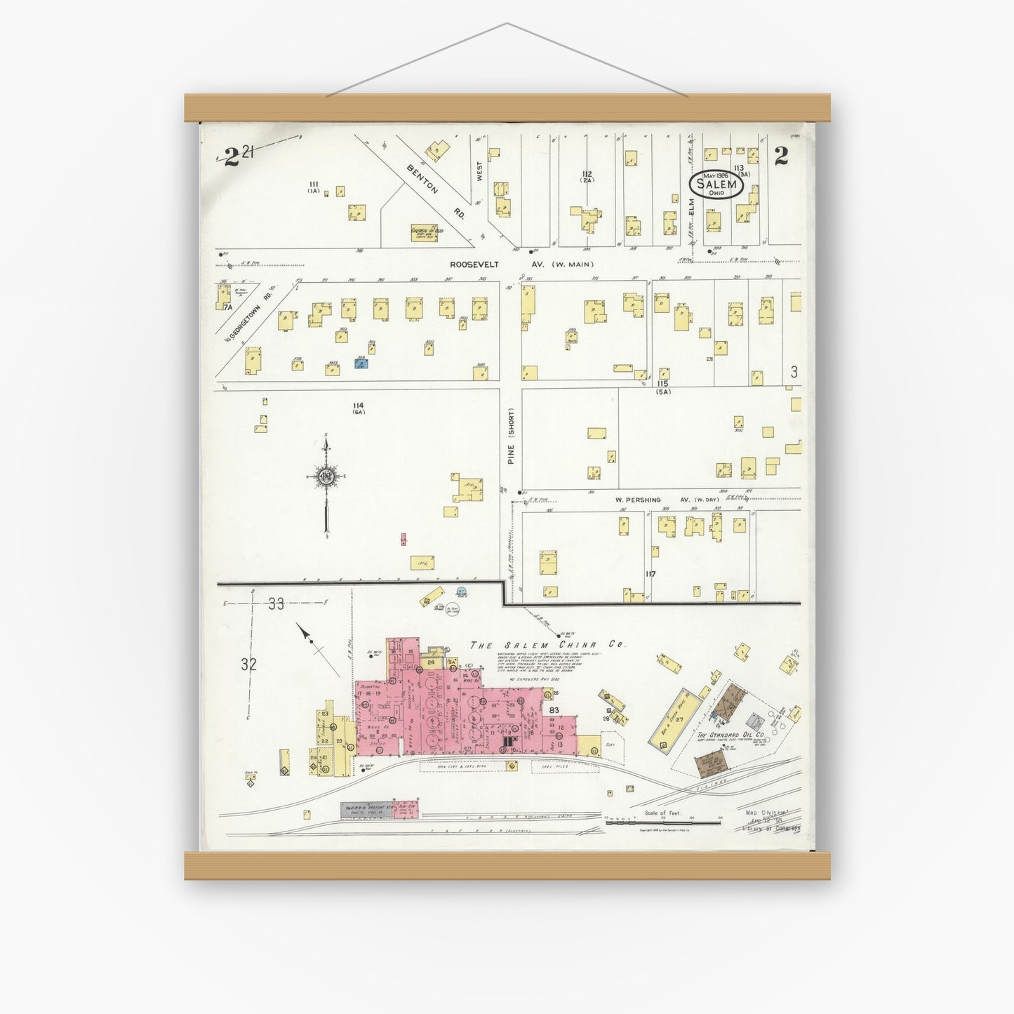 Old map wall art mockup — magnetic wood frame on white wall — Sanborn Fire Insurance Map from Salem, Columbiana County, Ohio (1926), Sheet #0002