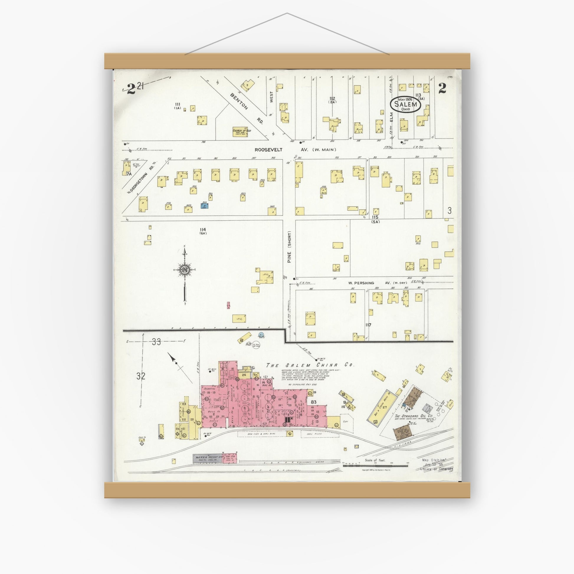 Old map wall art mockup — magnetic wood frame on white wall — Sanborn Fire Insurance Map from Salem, Columbiana County, Ohio (1926), Sheet #0002