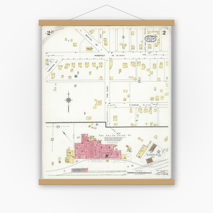 Old map wall art mockup — magnetic wood frame on white wall — Sanborn Fire Insurance Map from Salem, Columbiana County, Ohio (1926), Sheet #0002