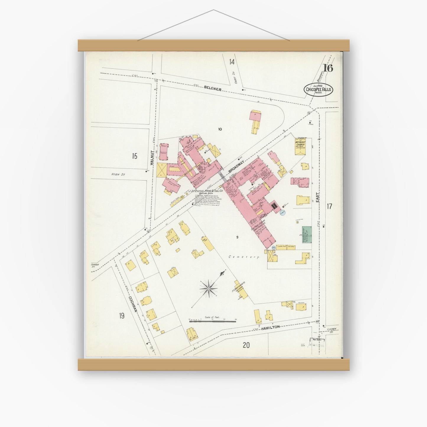 Old map wall art mockup — magnetic wood frame on white wall — Sanborn Fire Insurance Map from Chicopee, Hampden County, Massachusetts (1902), Sheet #0016