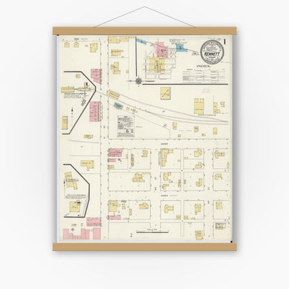 Old map wall art mockup — magnetic wood frame on white wall — Sanborn Fire Insurance Map from Kennett, Dunklin County, Missouri (1911), Sheet #0001