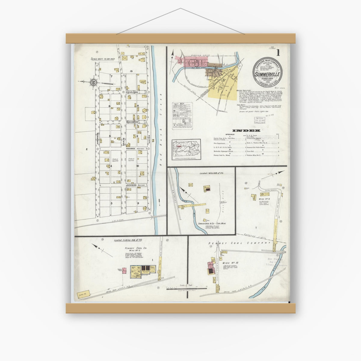 Old map wall art mockup — magnetic wood frame on white wall — Sanborn Fire Insurance Map from Summerville, Jefferson County, Pennsylvania (1918) - Complete Map Set