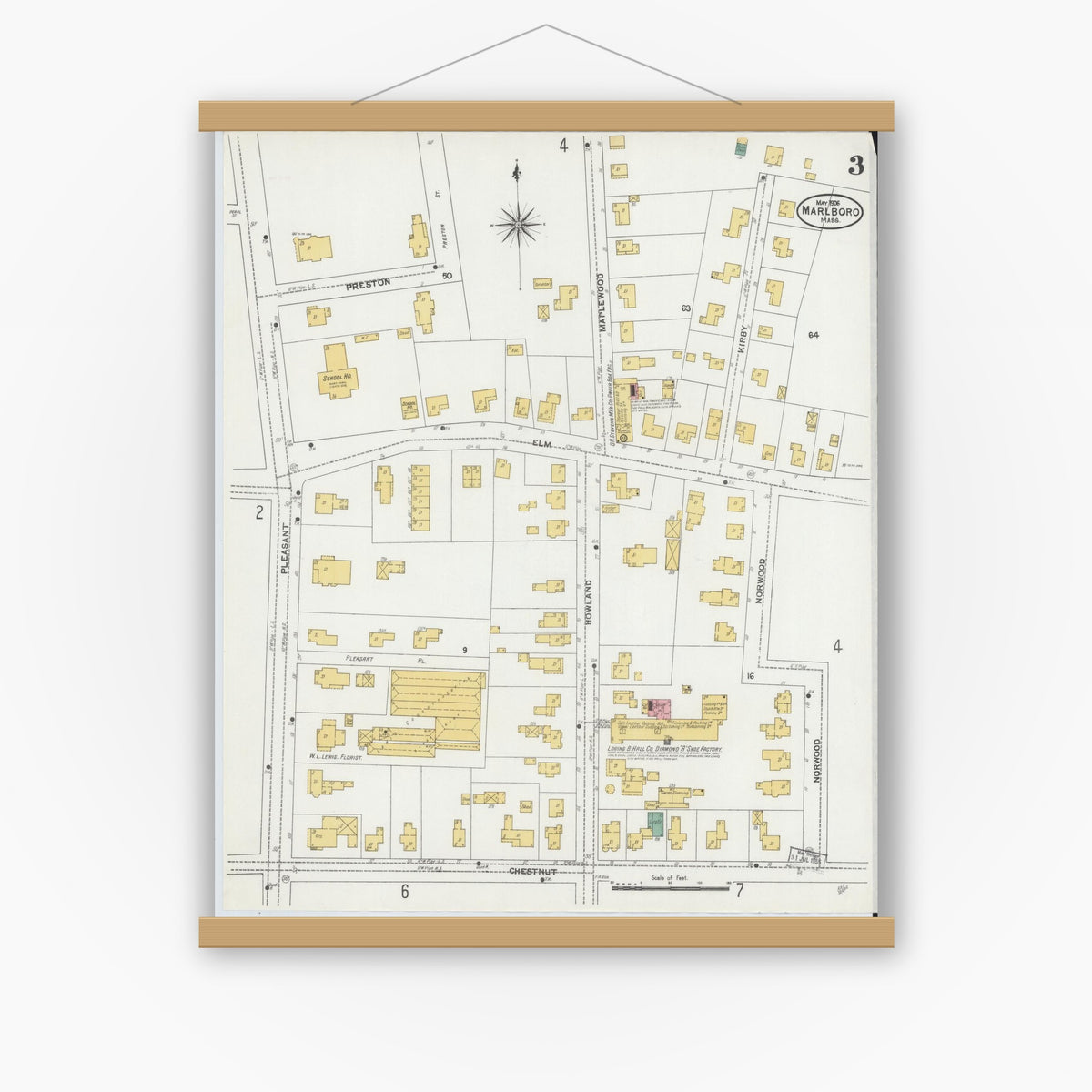 Old map wall art mockup — magnetic wood frame on white wall — Sanborn Fire Insurance Map from Marlborough, Middlesex County, Massachusetts (1906), Sheet #0003