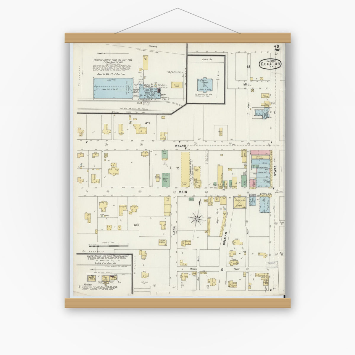 Old map wall art mockup — magnetic wood frame on white wall — Sanborn Fire Insurance Map from Decatur, Wise County, Texas (1896), Sheet #0002