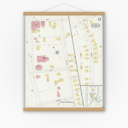 Old map wall art mockup — magnetic wood frame on white wall — Sanborn Fire Insurance Map from Southbridge, Worcester County, Massachusetts (1904), Sheet #0011