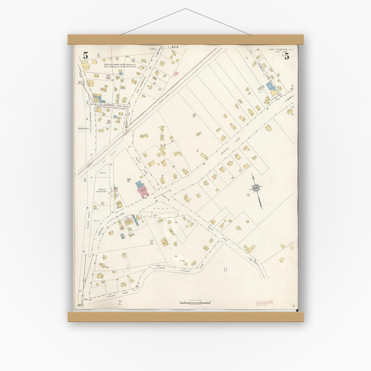 Old map wall art mockup — magnetic wood frame on white wall — Sanborn Fire Insurance Map from Easthampton, Suffolk County, New York (1943), Sheet #0005