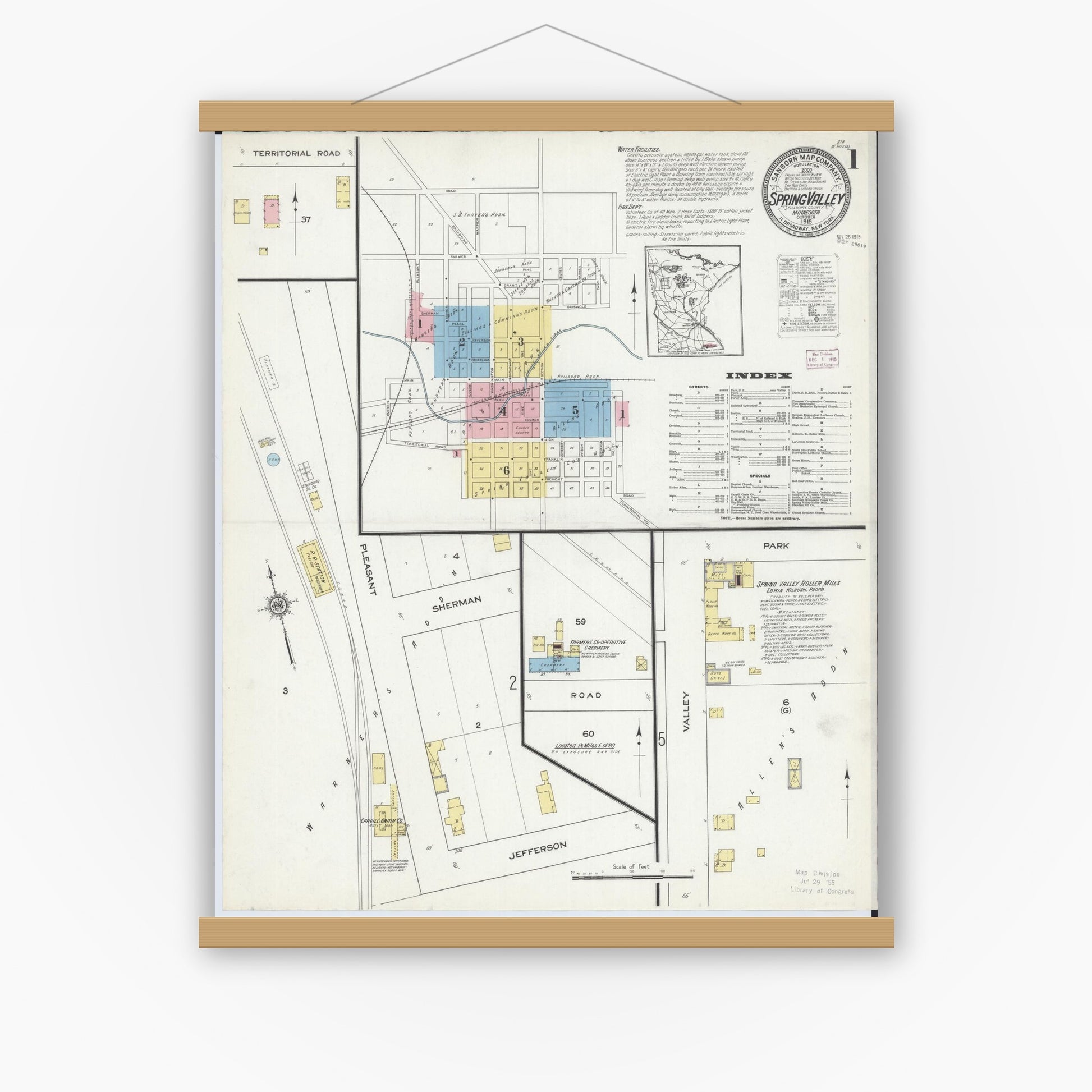 Old map wall art mockup — magnetic wood frame on white wall — Sanborn Fire Insurance Map from Spring Valley, Fillmore County, Minnesota (1915) - Complete Map Set