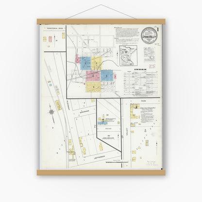 Old map wall art mockup — magnetic wood frame on white wall — Sanborn Fire Insurance Map from Spring Valley, Fillmore County, Minnesota (1915) - Complete Map Set