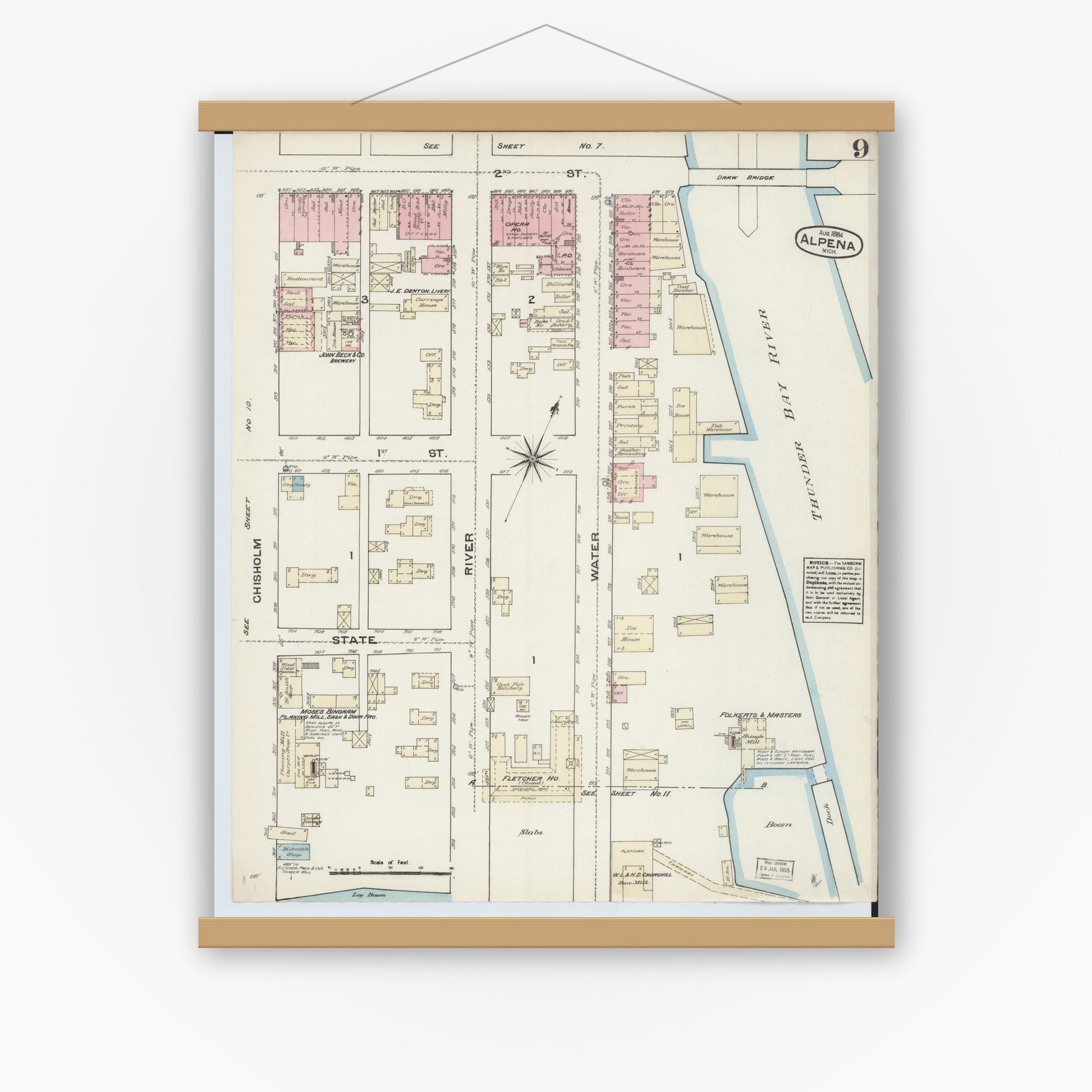 Old map wall art mockup — magnetic wood frame on white wall — Sanborn Fire Insurance Map from Alpena, Alpena County, Michigan (1884), Sheet #0009