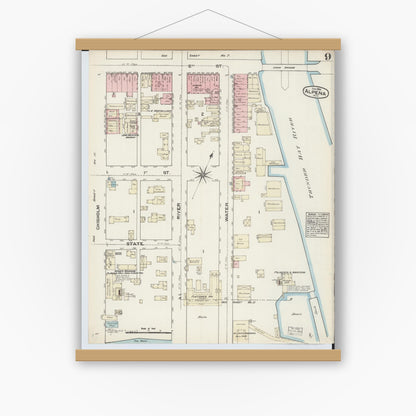 Old map wall art mockup — magnetic wood frame on white wall — Sanborn Fire Insurance Map from Alpena, Alpena County, Michigan (1884), Sheet #0009