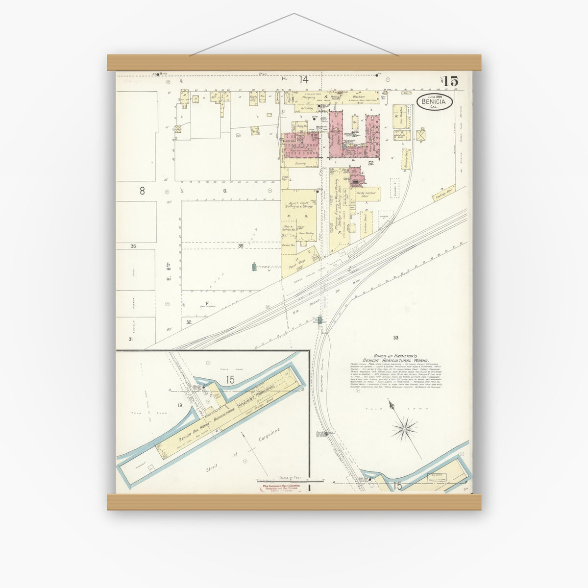 Old map wall art mockup — magnetic wood frame on white wall — Sanborn Fire Insurance Map from Benicia, Solano County, California (1899), Sheet #0015