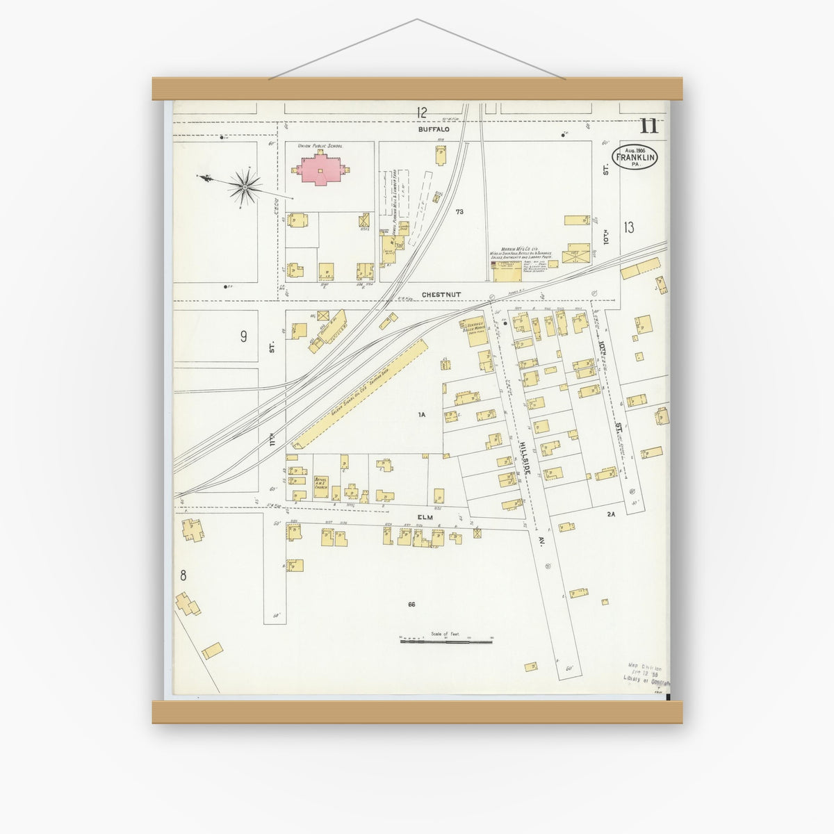 Old map wall art mockup — magnetic wood frame on white wall — Sanborn Fire Insurance Map from Franklin, Venango County, Pennsylvania (1906), Sheet #0011