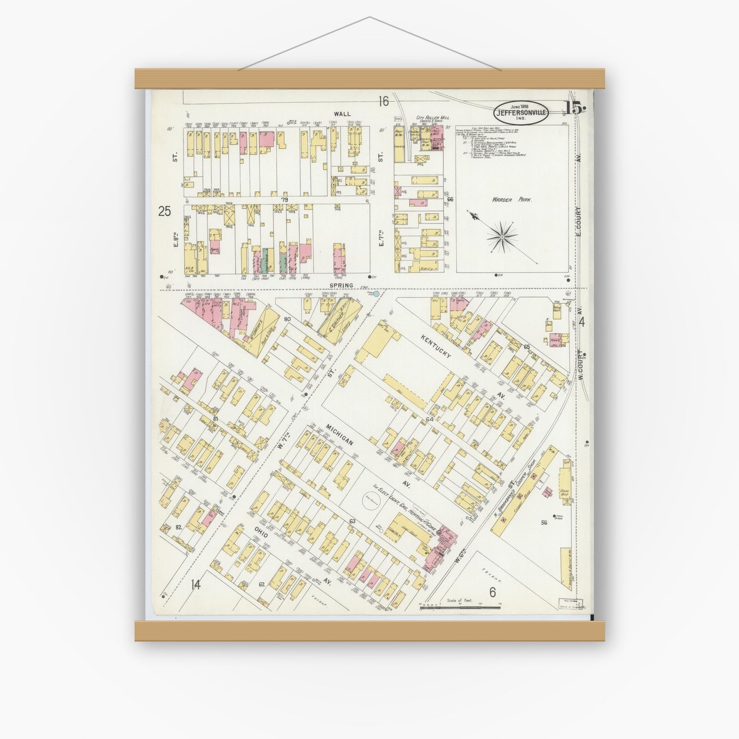 Old map wall art mockup — magnetic wood frame on white wall — Sanborn Fire Insurance Map from Jeffersonville, Clark County, Indiana (1898), Sheet #0015