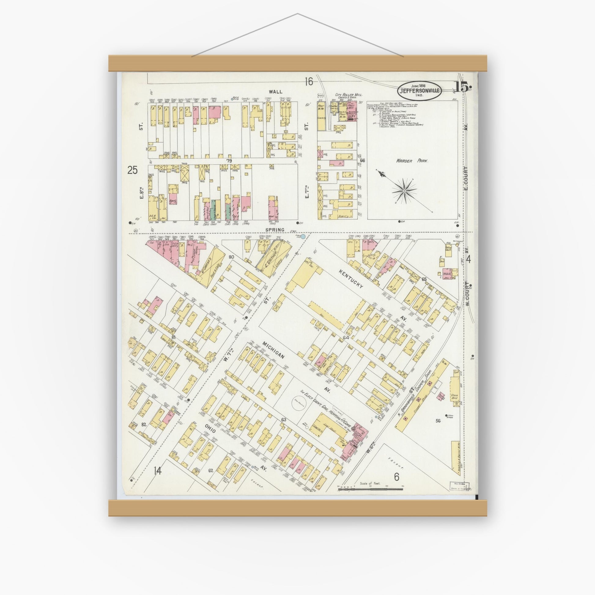 Old map wall art mockup — magnetic wood frame on white wall — Sanborn Fire Insurance Map from Jeffersonville, Clark County, Indiana (1898), Sheet #0015
