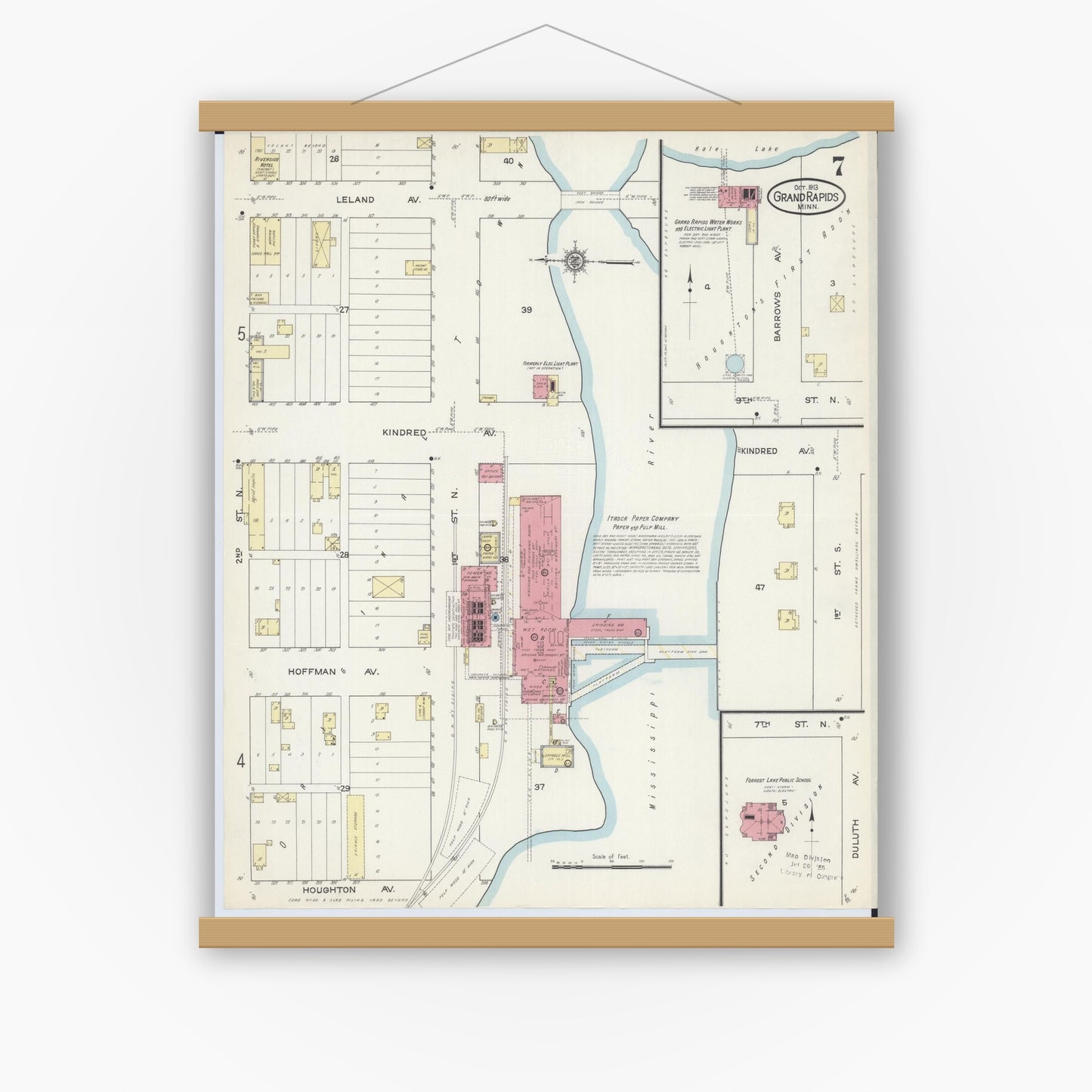 Old map wall art mockup — magnetic wood frame on white wall — Sanborn Fire Insurance Map from Grand Rapids, Itasca County, Minnesota (1913), Sheet #0007