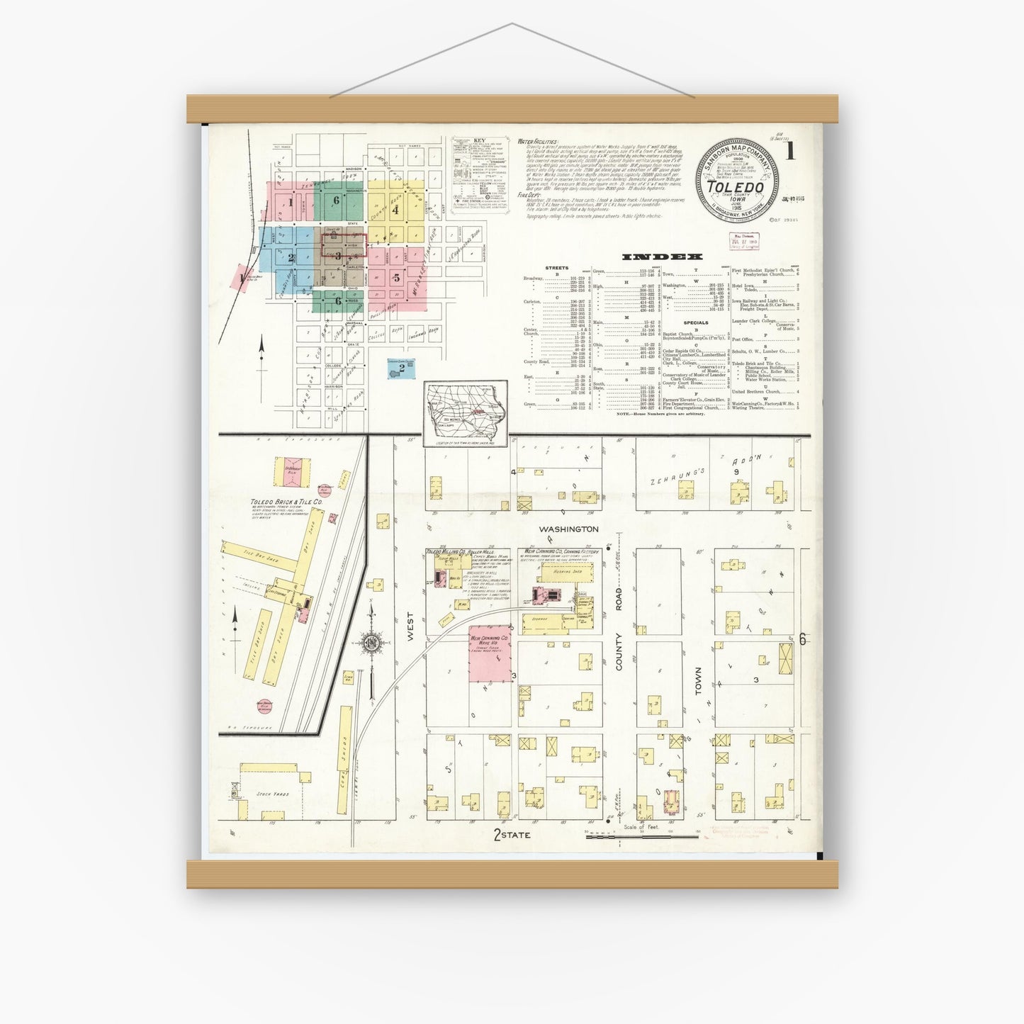 Old map wall art mockup — magnetic wood frame on white wall — Sanborn Fire Insurance Map from Toledo, Tama County, Iowa (1915), Sheet #0001