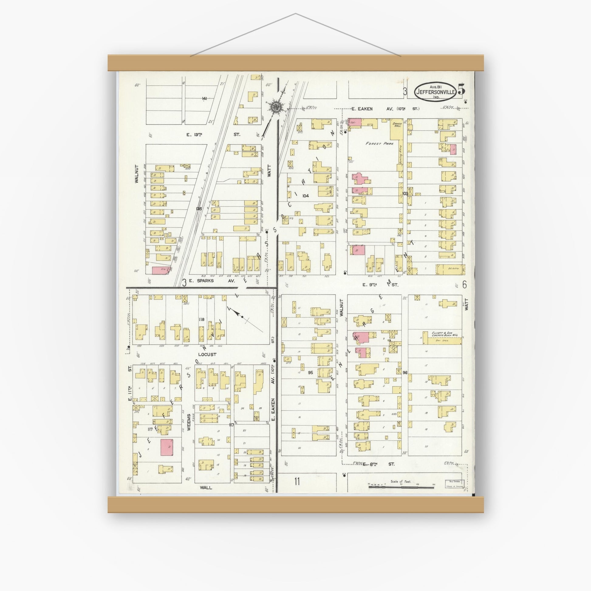 Old map wall art mockup — magnetic wood frame on white wall — Sanborn Fire Insurance Map from Jeffersonville, Clark County, Indiana (1911), Sheet #0005