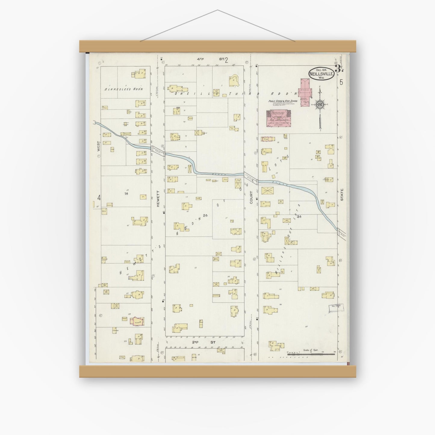 Old map wall art mockup — magnetic wood frame on white wall — Sanborn Fire Insurance Map from Neillsville, Clark County, Wisconsin (1914), Sheet #0003