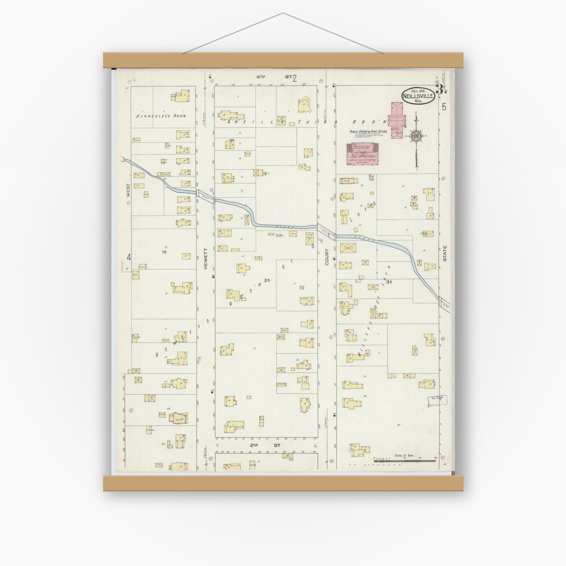 Old map wall art mockup — magnetic wood frame on white wall — Sanborn Fire Insurance Map from Neillsville, Clark County, Wisconsin (1914), Sheet #0003