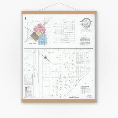 Old map wall art mockup — magnetic wood frame on white wall — Sanborn Fire Insurance Map from Heron Lake, Jackson County, Minnesota (1947) - Complete Map Set