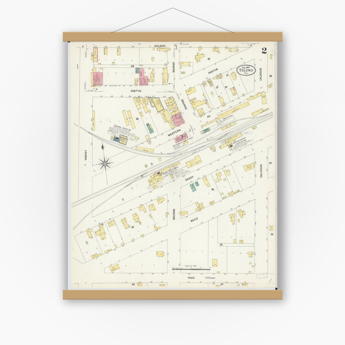 Old map wall art mockup — magnetic wood frame on white wall — Sanborn Fire Insurance Map from Tolono, Champaign County, Illinois (1907), Sheet #0002