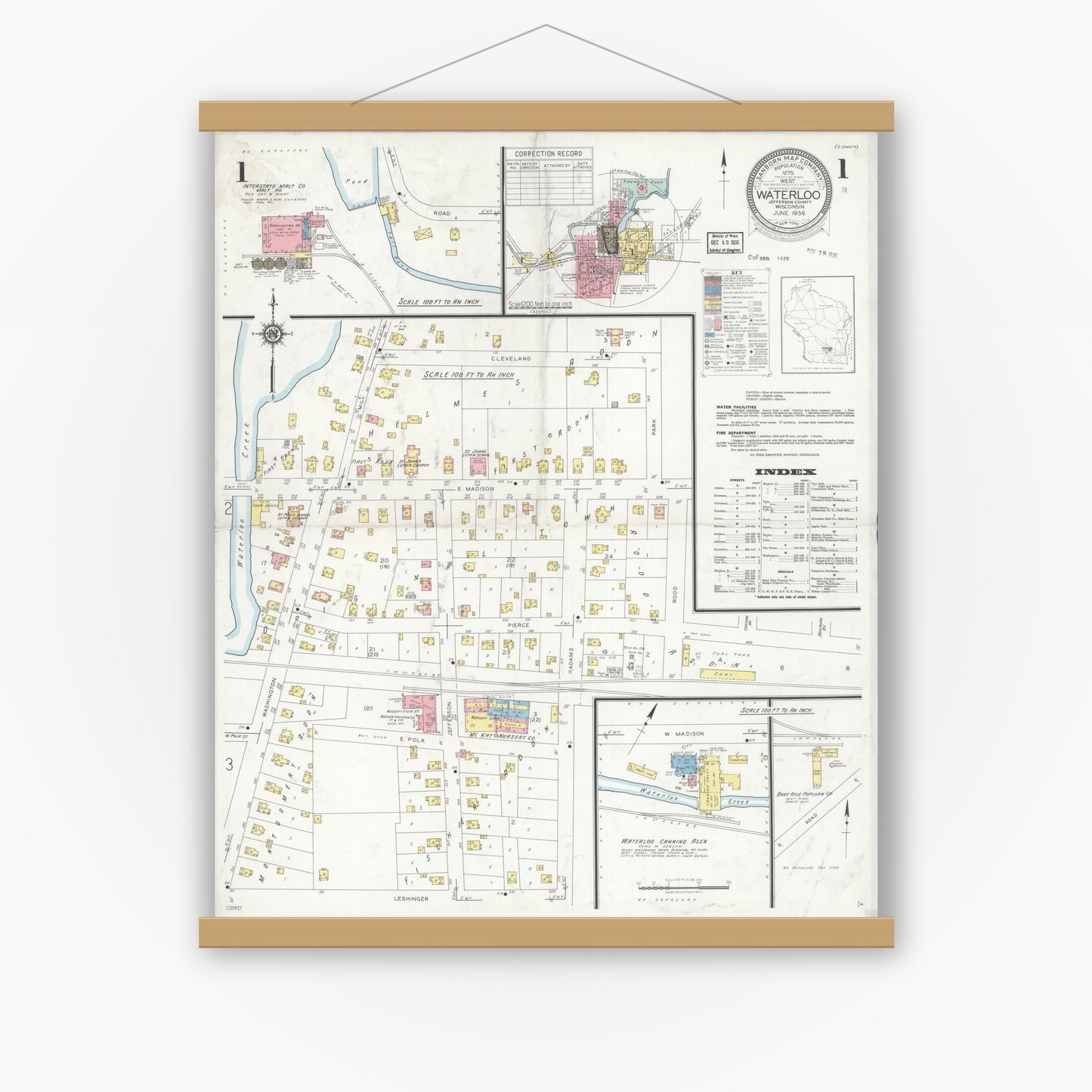 Old map wall art mockup — magnetic wood frame on white wall — Sanborn Fire Insurance Map from Waterloo, Jefferson County, Wisconsin (1936), Sheet #0001