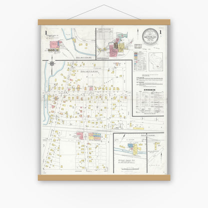 Old map wall art mockup — magnetic wood frame on white wall — Sanborn Fire Insurance Map from Waterloo, Jefferson County, Wisconsin (1936), Sheet #0001
