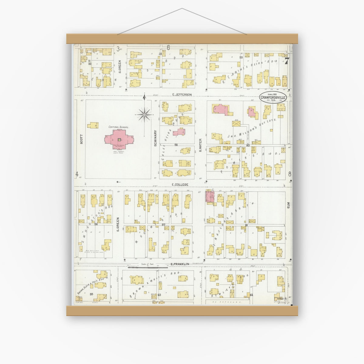 Old map wall art mockup — magnetic wood frame on white wall — Sanborn Fire Insurance Map from Crawfordsville, Montgomery County, Indiana (1902), Sheet #0007