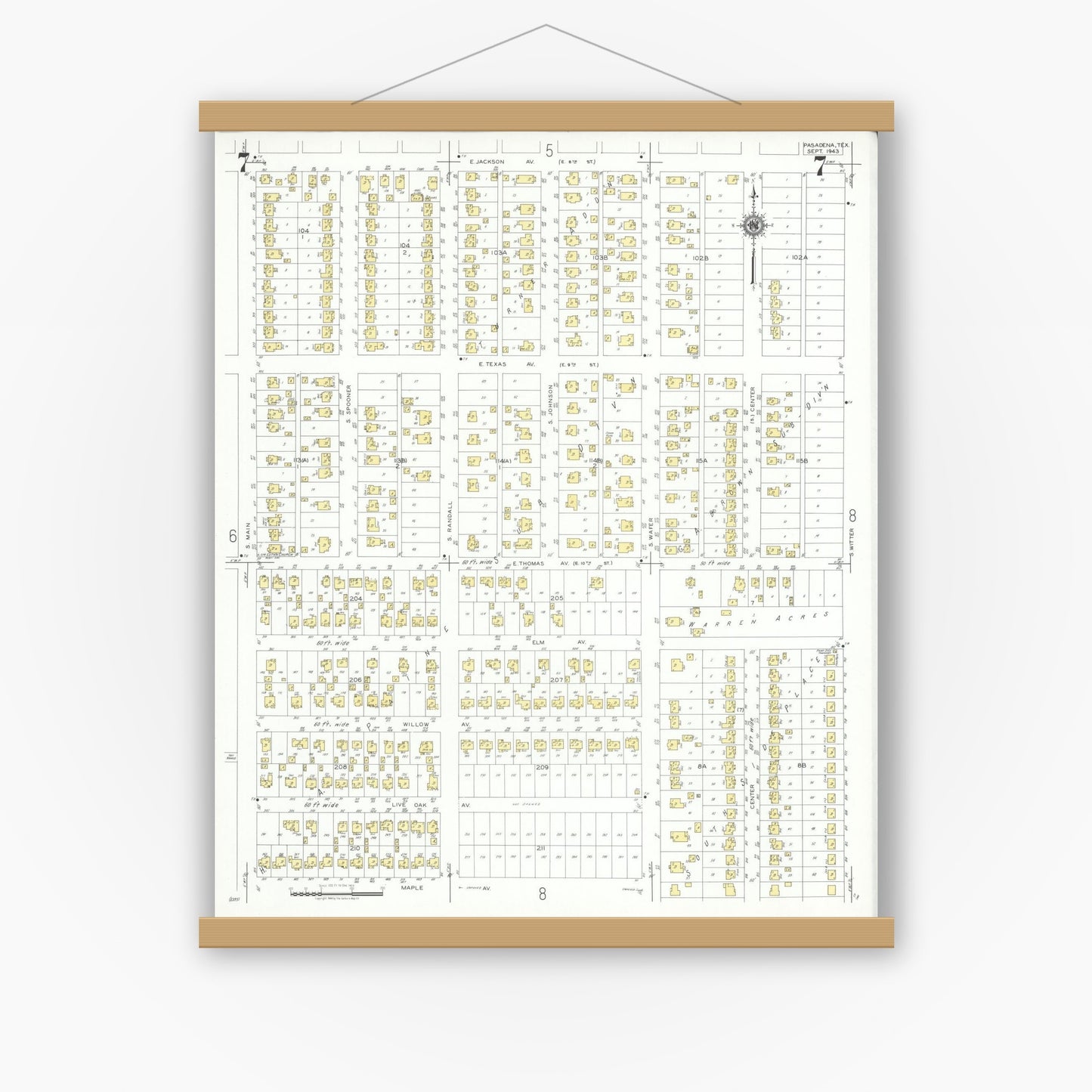 Old map wall art mockup — magnetic wood frame on white wall — Sanborn Fire Insurance Map from Pasadena, Harris County, Texas (1943), Sheet #0007