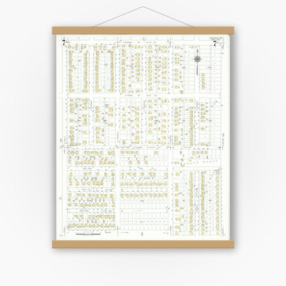 Old map wall art mockup — magnetic wood frame on white wall — Sanborn Fire Insurance Map from Pasadena, Harris County, Texas (1943), Sheet #0007