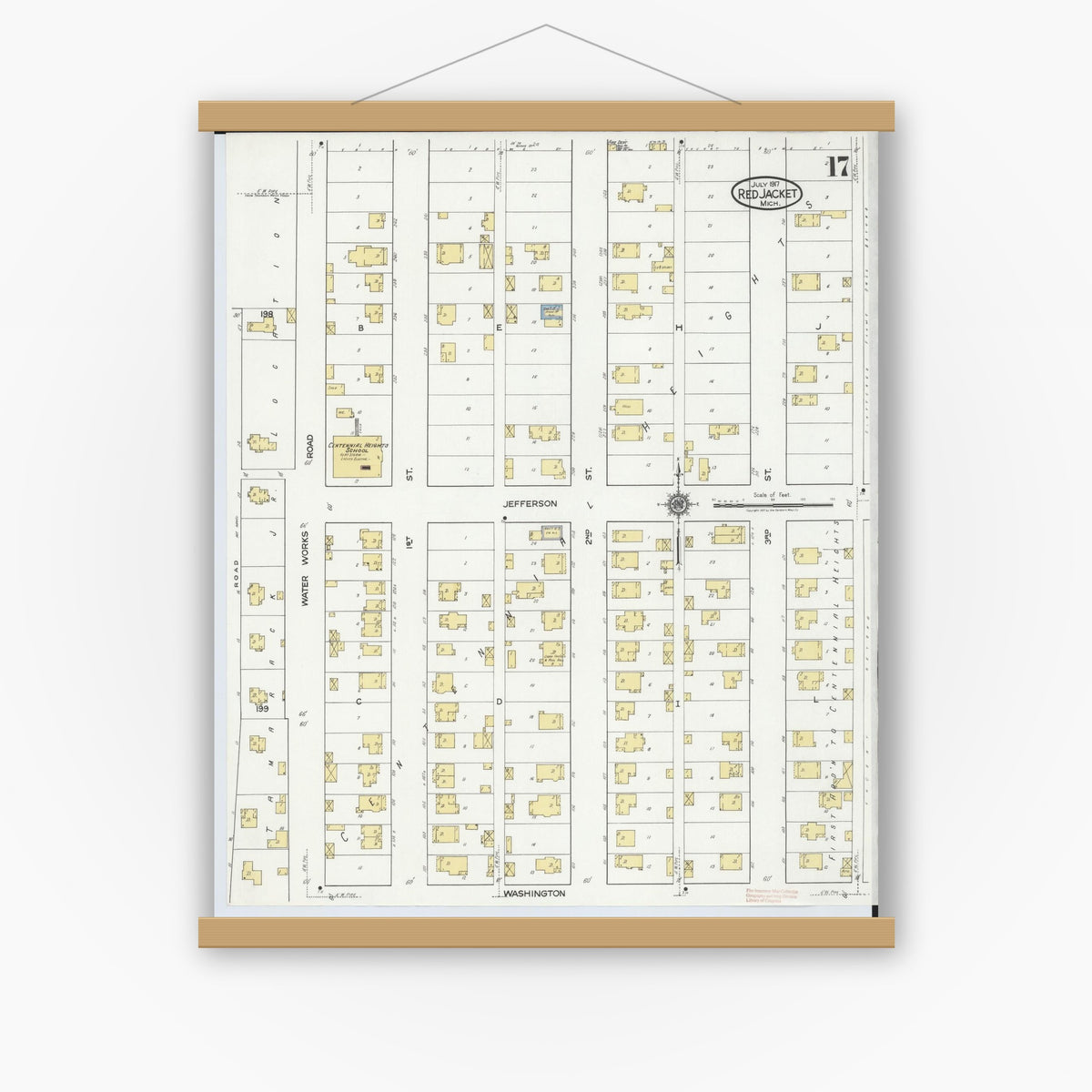 Old map wall art mockup — magnetic wood frame on white wall — Sanborn Fire Insurance Map from Red Jacket, Houghton County, Michigan (1917), Sheet #0017