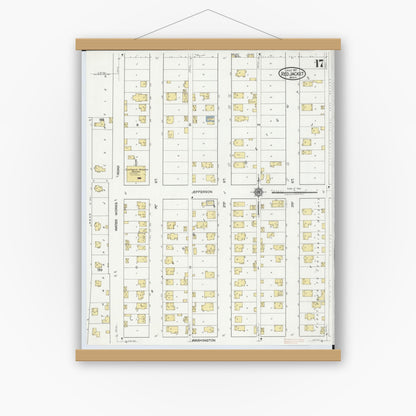 Old map wall art mockup — magnetic wood frame on white wall — Sanborn Fire Insurance Map from Red Jacket, Houghton County, Michigan (1917), Sheet #0017