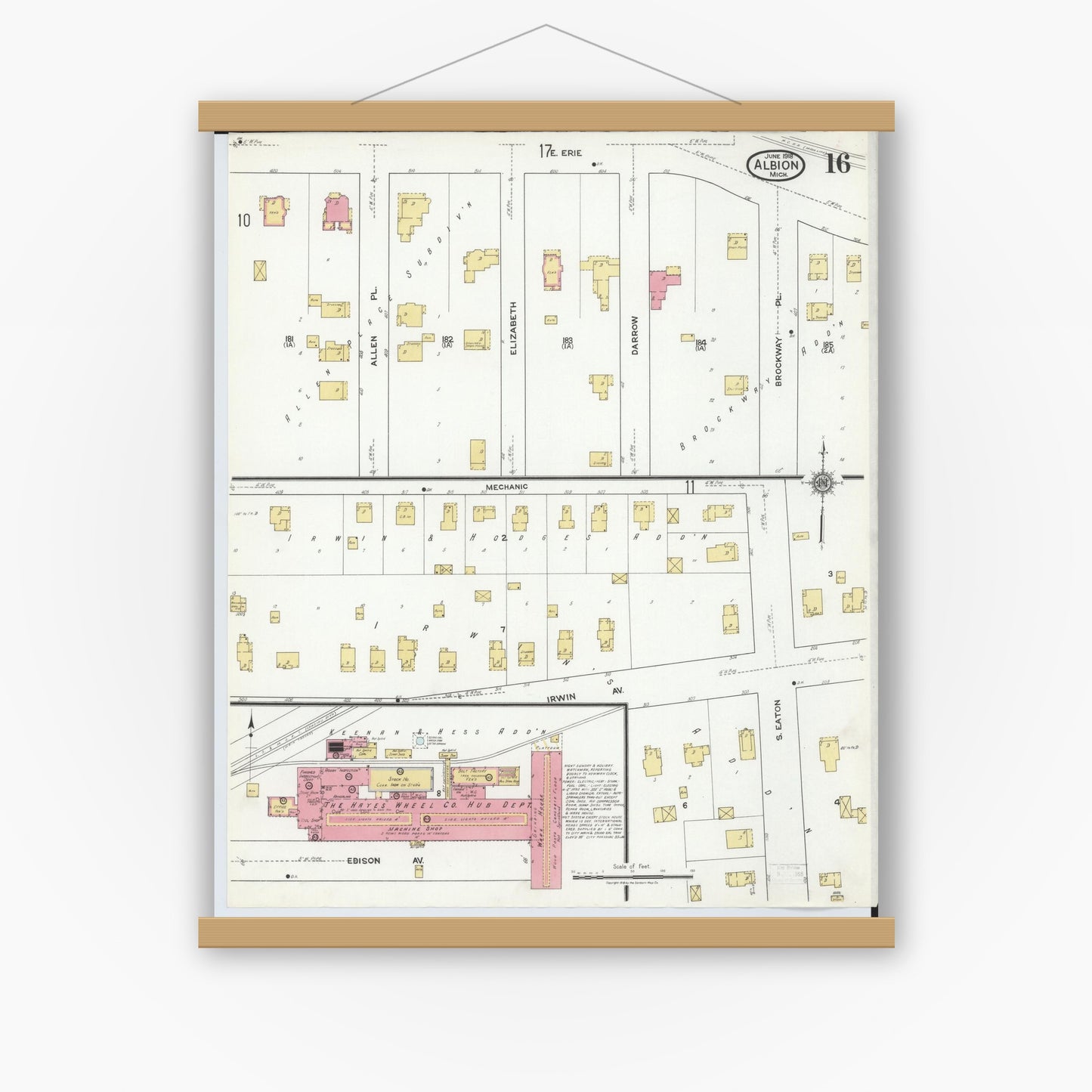 Old map wall art mockup — magnetic wood frame on white wall — Sanborn Fire Insurance Map from Albion, Calhoun County, Michigan (1918), Sheet #0016