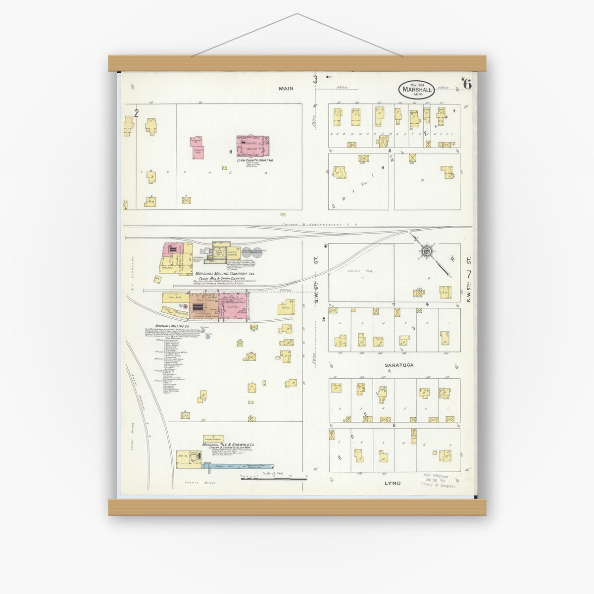 Old map wall art mockup — magnetic wood frame on white wall — Sanborn Fire Insurance Map from Marshall, Lyon County, Minnesota (1909), Sheet #0006