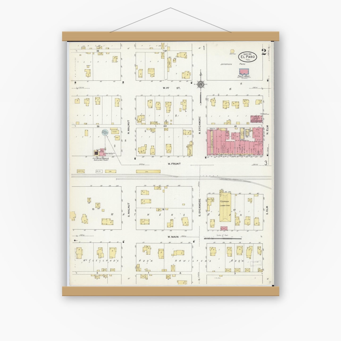 Old map wall art mockup — magnetic wood frame on white wall — Sanborn Fire Insurance Map from El Paso, Woodford County, Illinois (1911), Sheet #0002