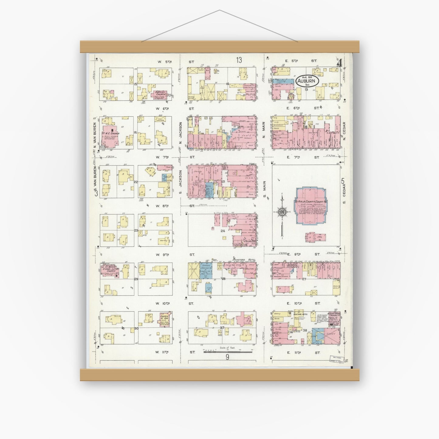 Old map wall art mockup — magnetic wood frame on white wall — Sanborn Fire Insurance Map from Auburn, De Kalb County, Indiana (1914), Sheet #0004