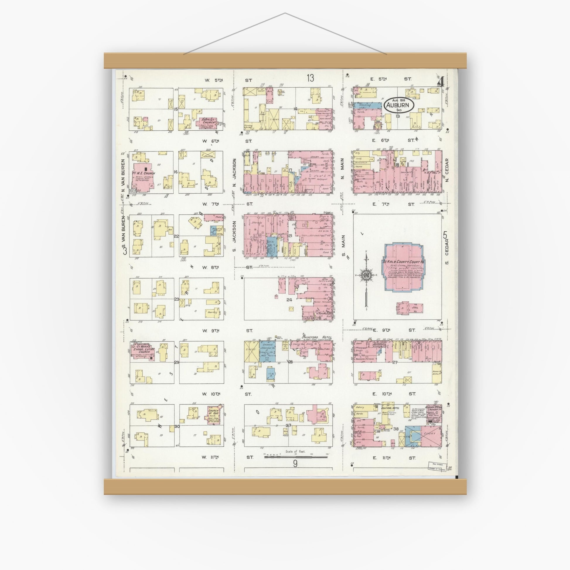 Old map wall art mockup — magnetic wood frame on white wall — Sanborn Fire Insurance Map from Auburn, De Kalb County, Indiana (1914), Sheet #0004