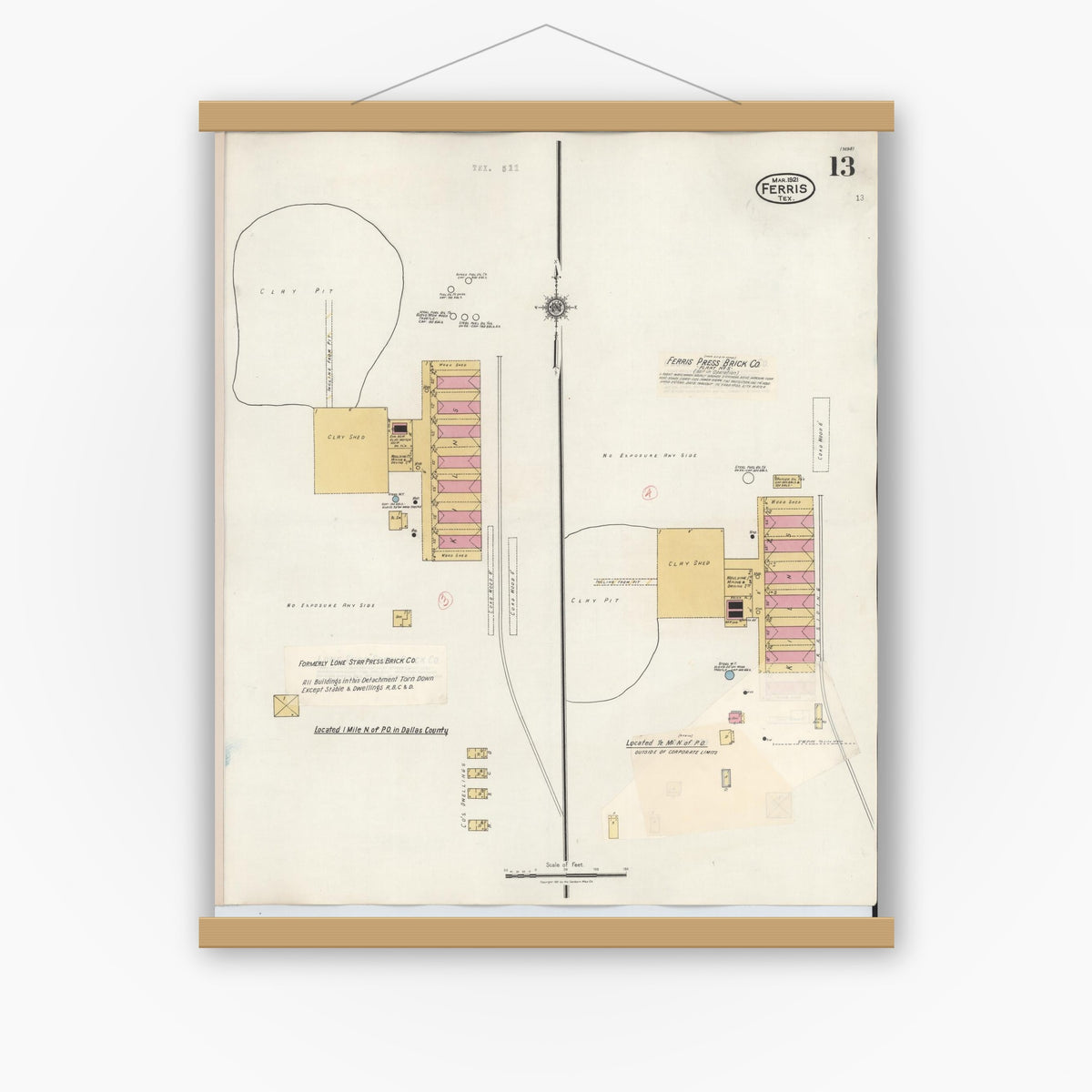 Old map wall art mockup — magnetic wood frame on white wall — Sanborn Fire Insurance Map from Ferris, Ellis County, Texas (1941), Sheet #0013