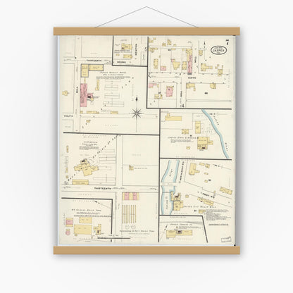Old map wall art mockup — magnetic wood frame on white wall — Sanborn Fire Insurance Map from Jasper, Dubois County, Indiana (1909), Sheet #0007