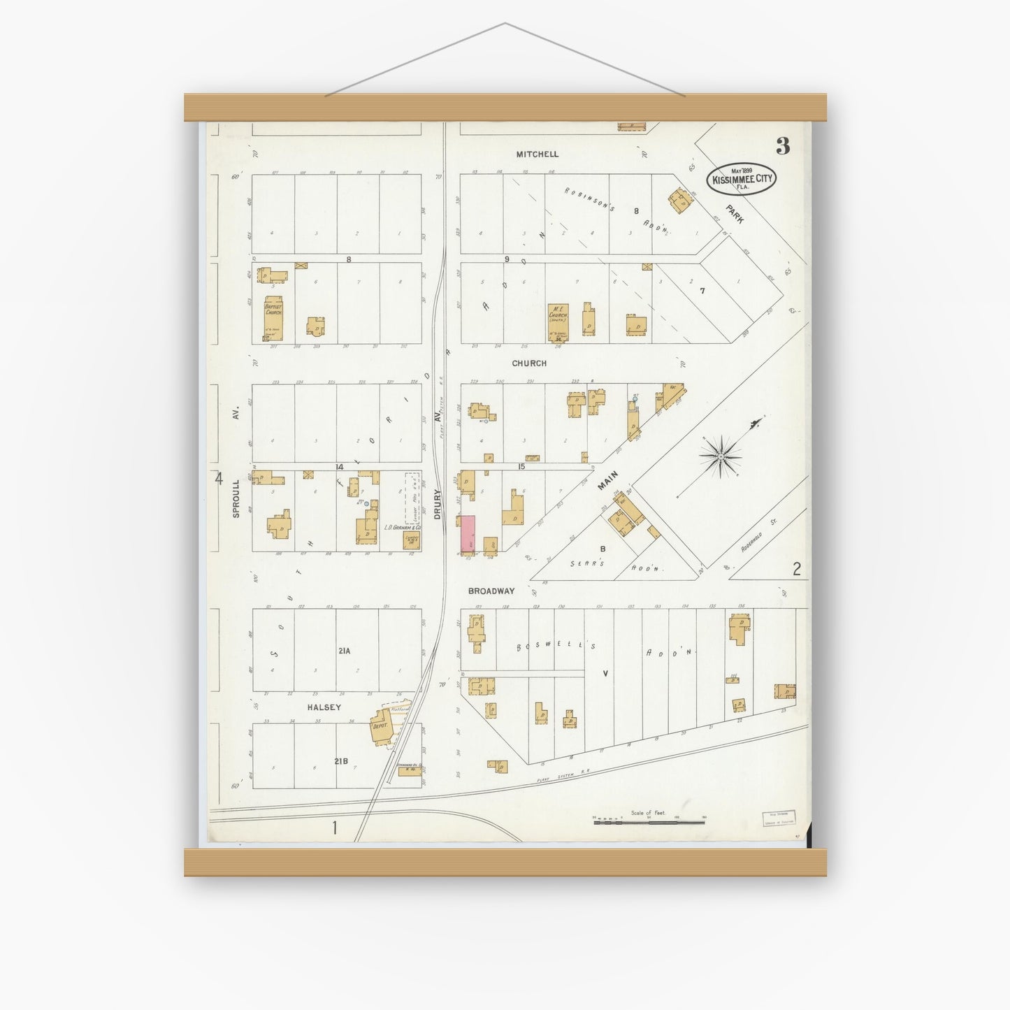 Old map wall art mockup — magnetic wood frame on white wall — Sanborn Fire Insurance Map from Kissimmee, Osceola County, Florida (1899), Sheet #0003