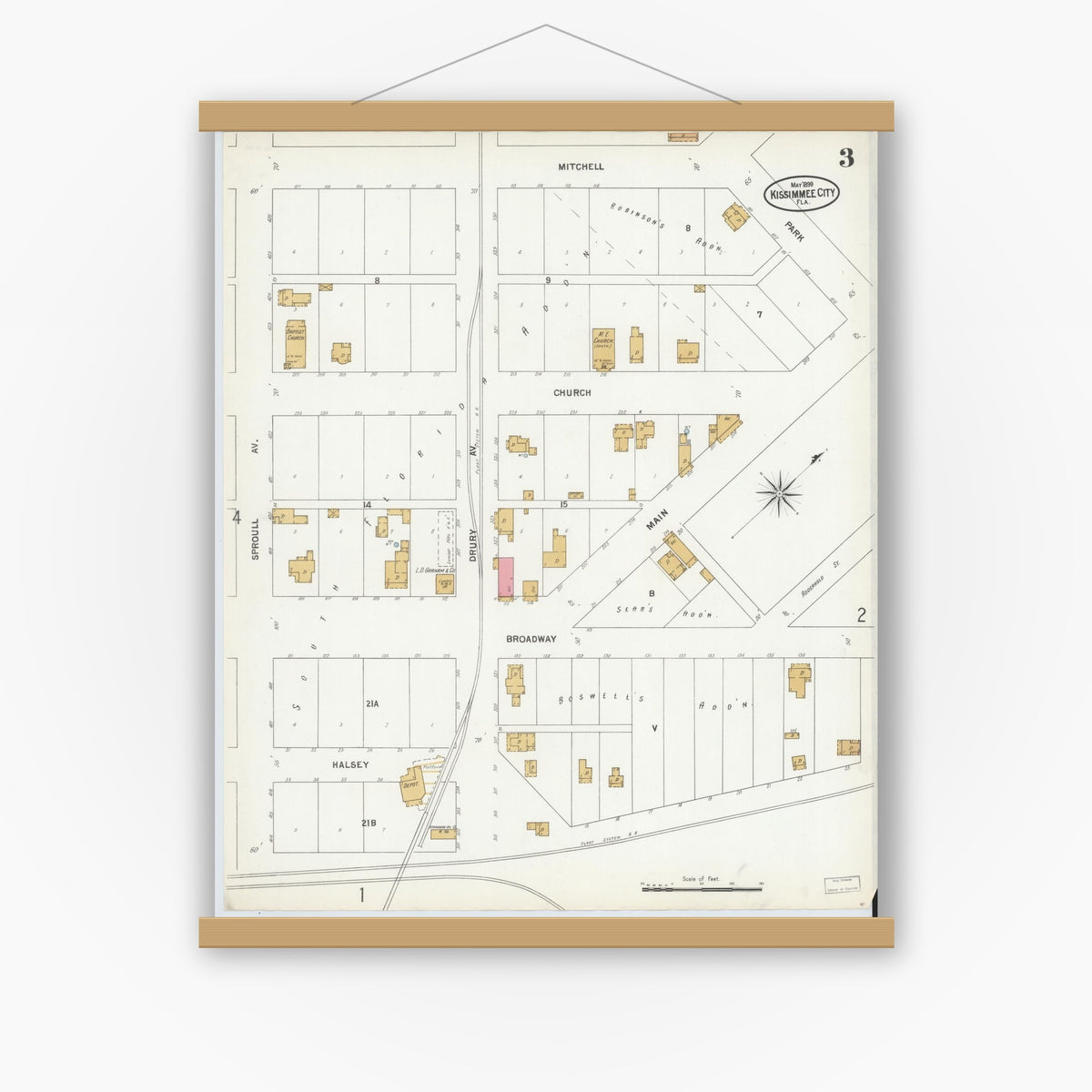 Old map wall art mockup — magnetic wood frame on white wall — Sanborn Fire Insurance Map from Kissimmee, Osceola County, Florida (1899), Sheet #0003