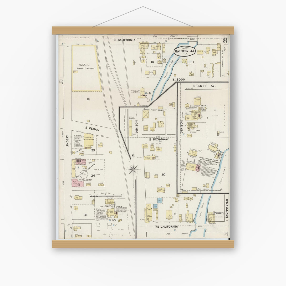 Old map wall art mockup — magnetic wood frame on white wall — Sanborn Fire Insurance Map from Gainesville, Cooke County, Texas (1888), Sheet #0008