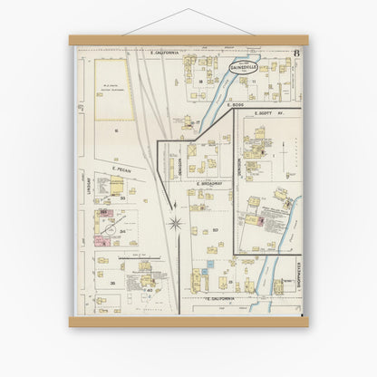 Old map wall art mockup — magnetic wood frame on white wall — Sanborn Fire Insurance Map from Gainesville, Cooke County, Texas (1888), Sheet #0008