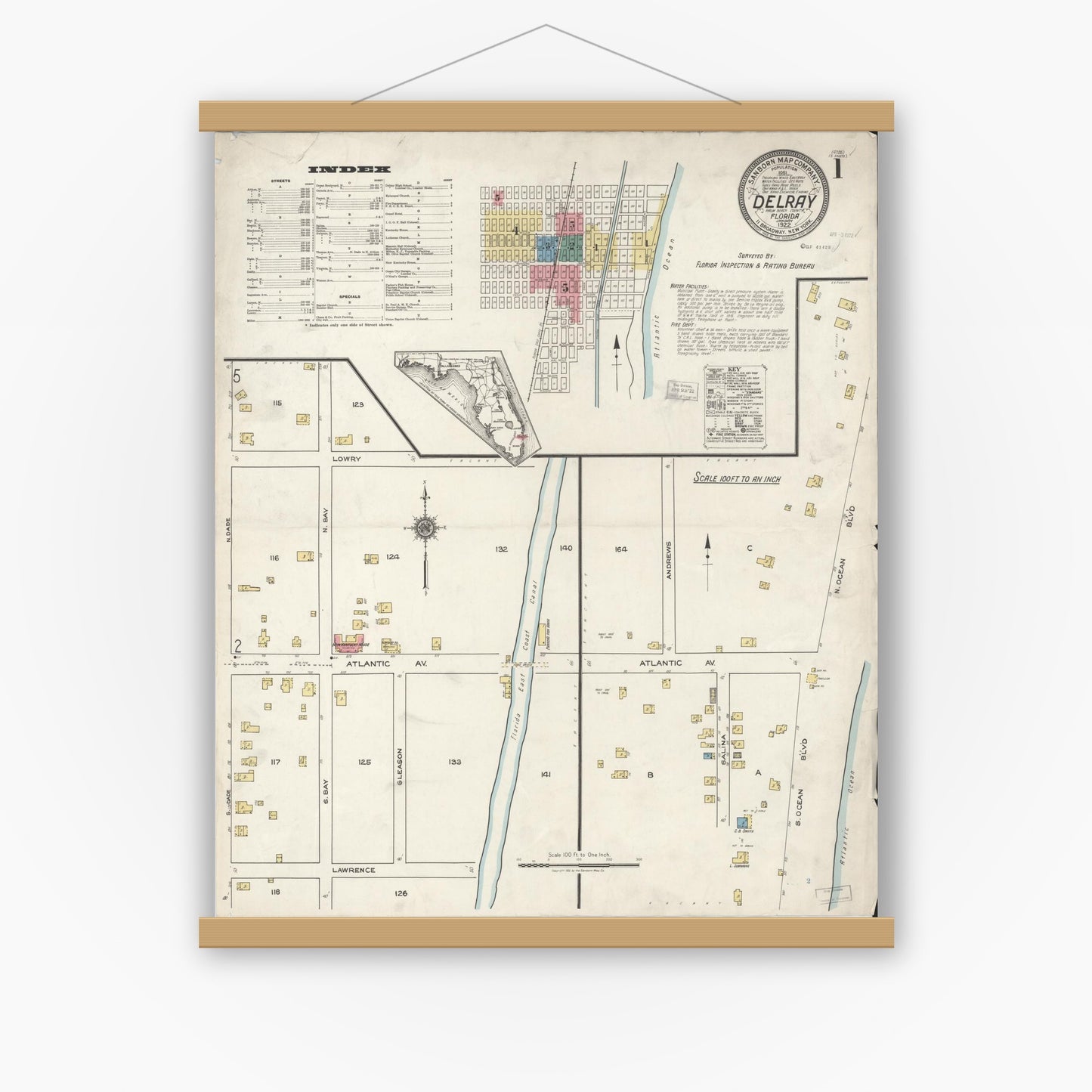 Old map wall art mockup — magnetic wood frame on white wall — Sanborn Fire Insurance Map from Delray, Palm Beach County, Florida (1922), Sheet #0001