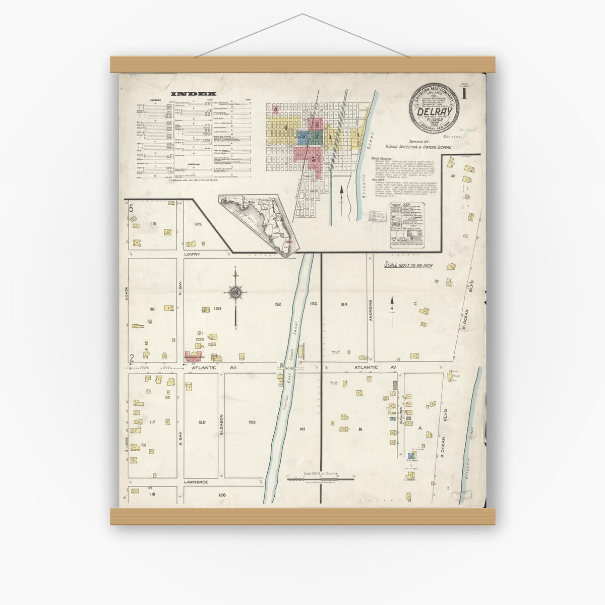 Old map wall art mockup — magnetic wood frame on white wall — Sanborn Fire Insurance Map from Delray, Palm Beach County, Florida (1922), Sheet #0001