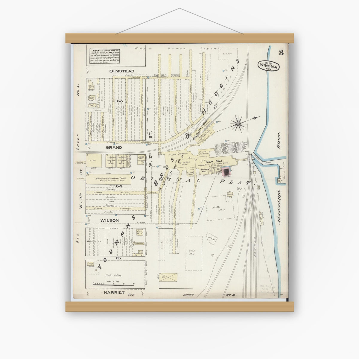 Old map wall art mockup — magnetic wood frame on white wall — Sanborn Fire Insurance Map from Winona, Winona County, Minnesota (1884), Sheet #0003