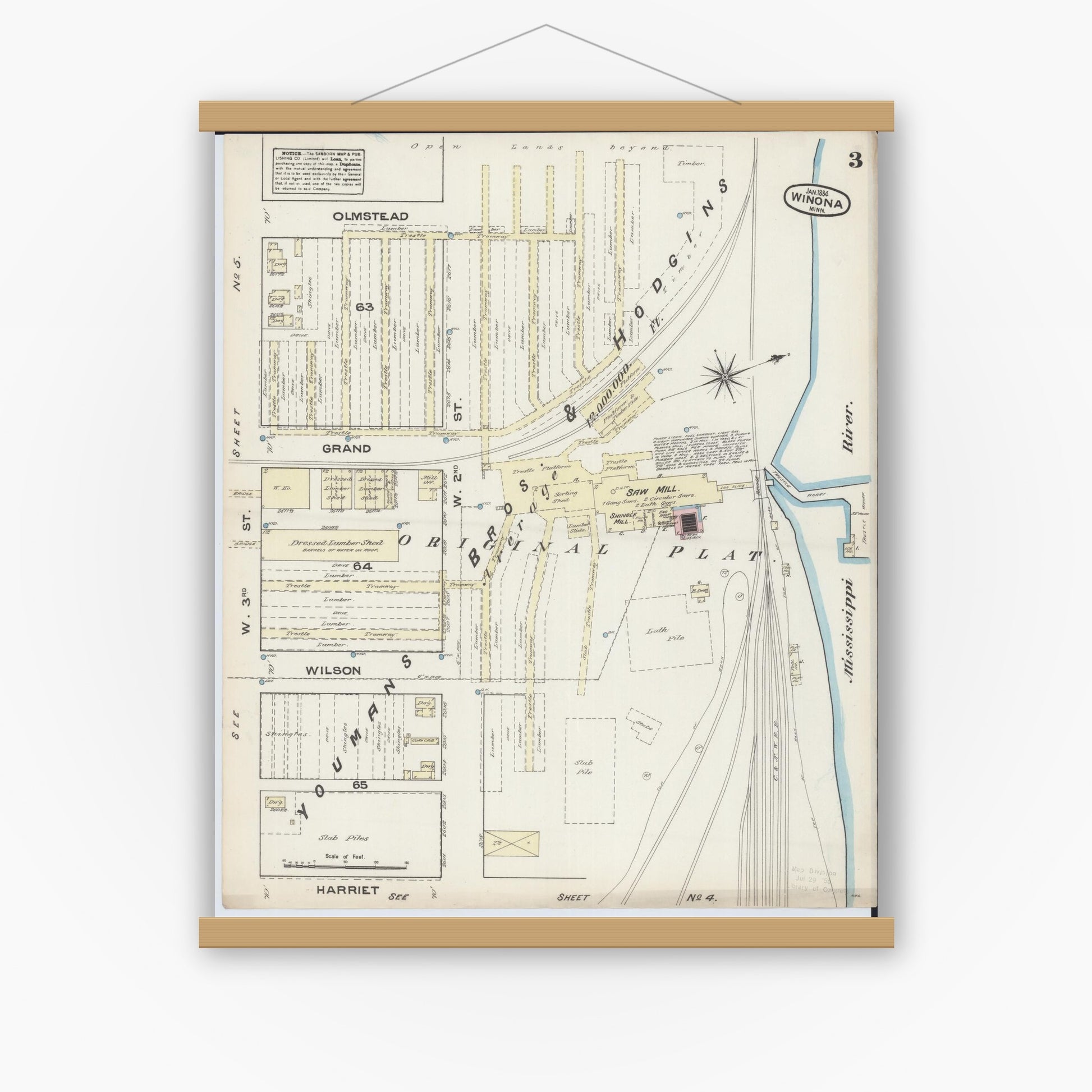 Old map wall art mockup — magnetic wood frame on white wall — Sanborn Fire Insurance Map from Winona, Winona County, Minnesota (1884), Sheet #0003