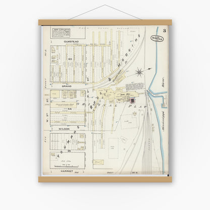 Old map wall art mockup — magnetic wood frame on white wall — Sanborn Fire Insurance Map from Winona, Winona County, Minnesota (1884), Sheet #0003