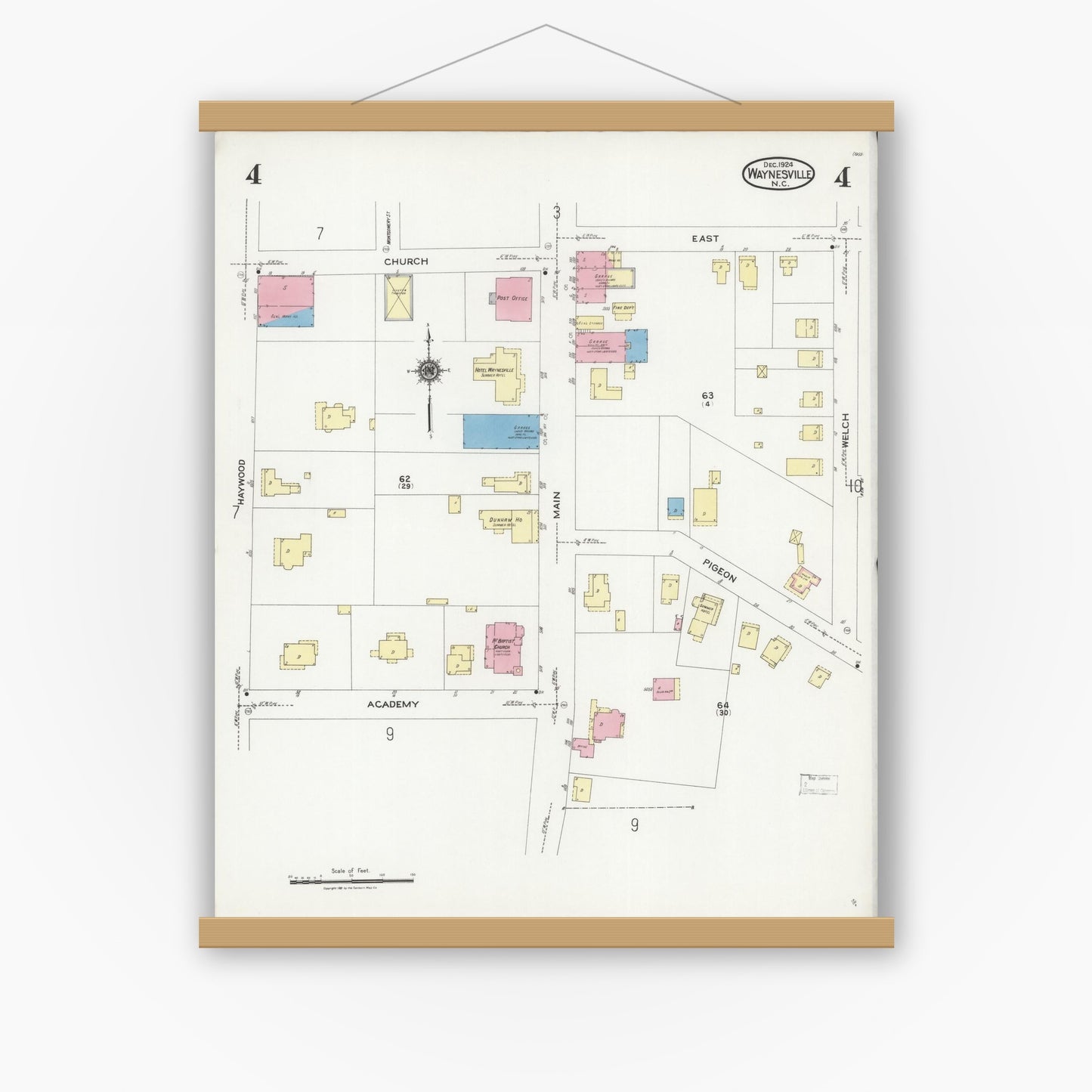 Old map wall art mockup — magnetic wood frame on white wall — Sanborn Fire Insurance Map from Waynesville, Haywood County, North Carolina (1924), Sheet #0004