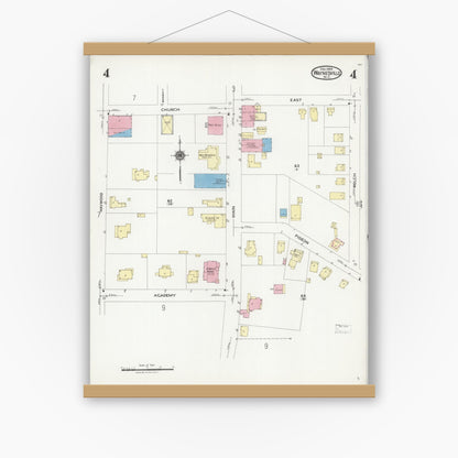 Old map wall art mockup — magnetic wood frame on white wall — Sanborn Fire Insurance Map from Waynesville, Haywood County, North Carolina (1924), Sheet #0004